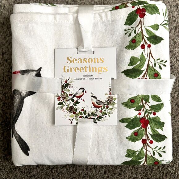 Mireille Designs 100% Handmade Linen 60" x 84" Bird Holiday Oblong Tablecloth #H - Picture 1 of 4